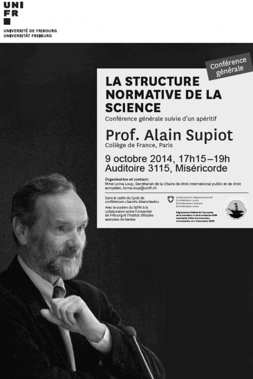 Alain Supiot donnera une conférence à l’Université de Fribourg (Suisse)